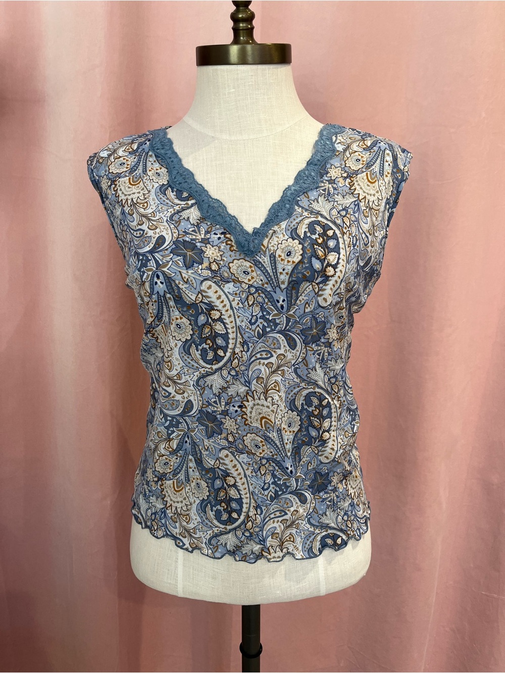 Sheer Paisley Mesh Top Size M Blue Lace Trim Boho